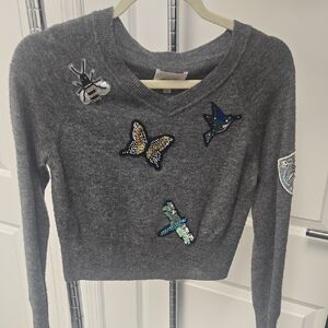 Cinq à Sept Gray V-Neck Sweater with Embellishments